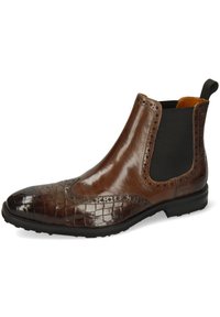 Botas Chelsea de cuero marrón con acabado brillante, punta con patrón de cocodrilo, paneles laterales elásticos y suela de goma negra.