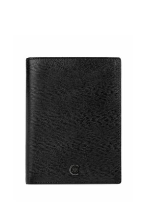 Schwarzes, strukturiertes Lederportemonnaie mit einem kleinen, geprägten Metalllogo "CR" in der unteren rechten Ecke, geschlossen und zentriert auf weißem Hintergrund.