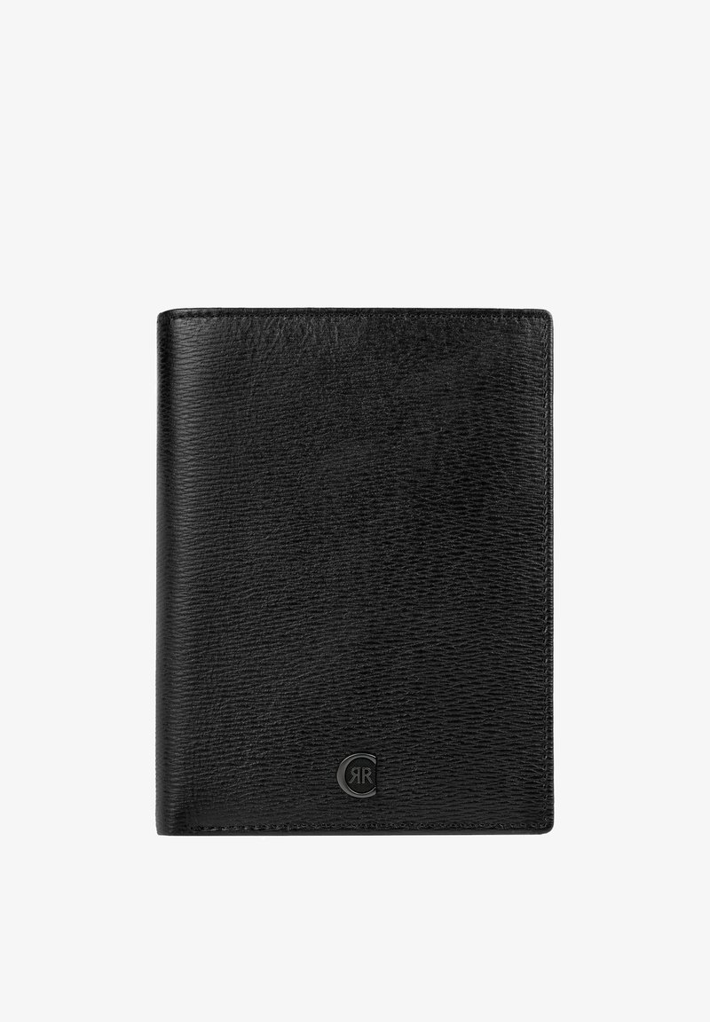 Cartera de cuero negro texturizado con un pequeño logotipo metálico en relieve "CR" en la esquina inferior derecha, cerrada y centrada sobre un fondo blanco.