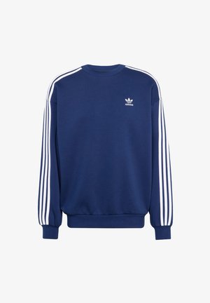 Navy blue sweatshirt made of cotton, featuring white vertical stripes on sleeves and a small white Adidas logo on the chest.