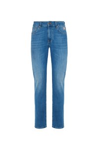 Jeans in denim blu slim-fit con bottone frontale, cerniera e design a cinque tasche, esposti su uno sfondo bianco.