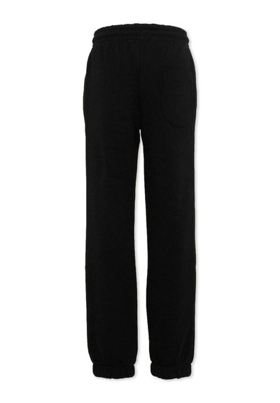 Pantalon de survêtement noir avec taille et poignets élastiques, comportant une seule poche arrière du côté droit.