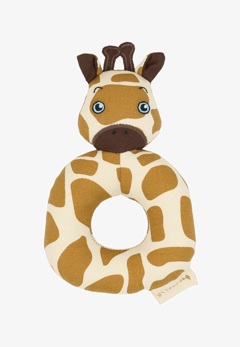 Mjukt tyggiraff-rattl med en rund mitt, ljus krämfärg med bruna fläckar och broderade ansiktsdrag.
