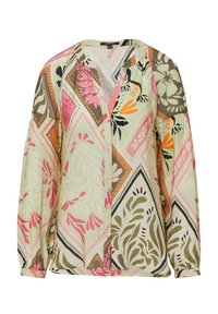 Koszula z długim rękawem z guzikami, w kolorze jasnej zieleni, z wielokolorowymi wzorami kwiatowymi i geometrycznymi. Miękki materiał i luźny krój.