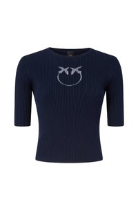 Top a maniche corte in maglina a coste blu navy, con un logo di faccina sorridente grigio chiaro al centro. Collo tondo standard, silhouette aderente.