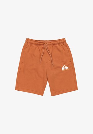 Shorts en coton orange avec une taille élastique et un cordon de serrage, dotés de poches latérales et d'un petit logo blanc sur la jambe gauche.
