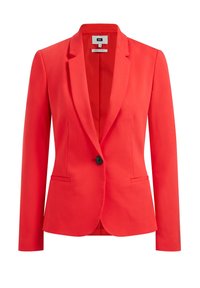 Červený blazer s klopou, jednobodovým zapínáním a dvěma předními kapsami. Vyroben z hladké látky, s formálním střihem a dlouhými rukávy.