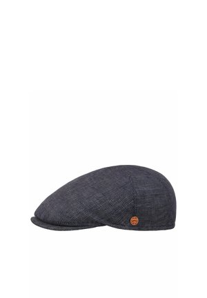 Dark gray flat cap with subtle herringbone pattern and small round orange logo badge on the side.