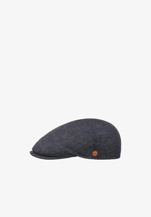 Dark gray flat cap with subtle herringbone pattern and small round orange logo badge on the side.