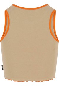Bež ribaga paistvus tank top oranži kontrastäärtega, ümmarguse kaeluse ja lainelise äärisega. Sildiga vasakul küljel.