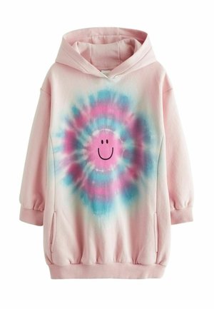 Sweatshirt à capuche rose clair avec poignets et ourlet côtelés, présentant un motif central de visage souriant tie-dye bleu et rose.