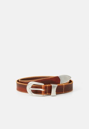 Brown leather belt rolled up with silver metal buckle, tip, and loop on a white background.