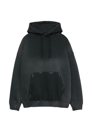 Crna hoodie s gradijentnim dizajnom i prednjim kengur džepom. Mekani materijal, kapuljača s vezicama i istrošeni detalji na cijelom komadu. Labav kroj.