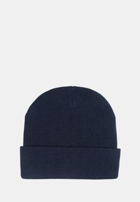 Berretto lavorato a maglia di colore blu navy con risvolto, texture a coste e cima senza cuciture, progettato per calore e comfort.