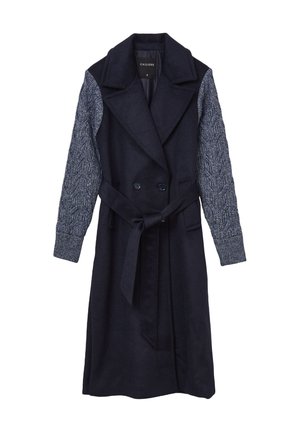 Dunkelblauer Trenchcoat mit Reverskragen, doppelter Knopfleiste und strukturierten Strickärmeln. Verfügt über eine taillierte Taille und seitliche Taschen.
