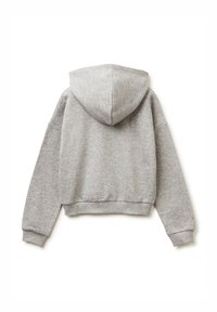 Felpa grigia corta con cappuccio, realizzata in tessuto morbido. Presenta polsini e orlo a costine con vestibilità comoda. Nessun logo o motivo visibile.