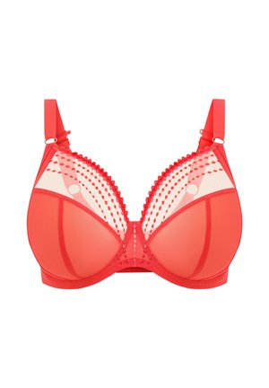 Rode beha met gaasstof en polkadotpatronen, een beugelontwerp, gegolfde randen en verstelbare bandjes.