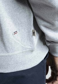 Sweatshirt gris avec ourlet côtelé, présentant un petit logo brodé en rouge, blanc et bleu près du côté gauche, ainsi qu'une étiquette en tissu sur le côté.