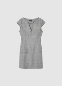 Graues kariertes Kleid mit V-Ausschnitt, kurzen Kappenärmeln, tailliertem Oberteil und zwei aufgesetzten Taschen vorn. Hergestellt aus glattem Stoff.