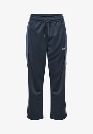 Dark blue athletic pants with light blue side stripes, elastic waistband, drawstring, and small white "hummel" logo on the right thigh.
