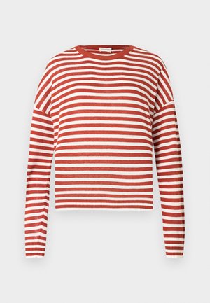 Sarkani un baltā svītrainā garroku džemperis ar apaļu kakla izgriezumu un ribām aprocēs un apakšmalā. Izgatavots no mīksta, teksturēta auduma.