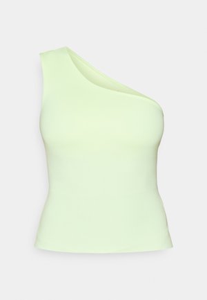 Aszimmetrikus, egyszámlapú topp világoszöld anyagból, illeszkedő fazon, sima textúrával, díszítés vagy minta nélkül.