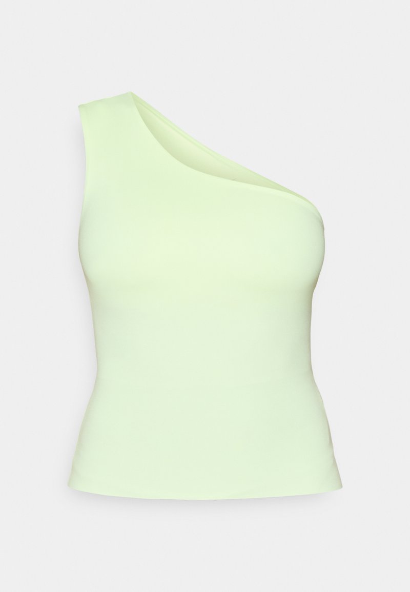 Top asimmetrico a spalla unica in tessuto verde chiaro, design aderente con trama liscia, senza decorazioni né pattern.