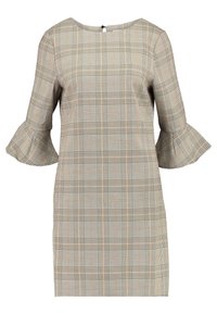 Rutigt klänning i beige, svart och orange nyanser. Har utsvängda ärmar och en rund halsringning med en liten öppning i ryggen. Texturerad tyg.