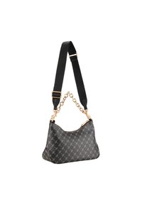 Sac à main noir avec un design texturé, orné de chaînes dorées et d'une bandoulière noire contrastante. Surface lisse, forme semi-structurée.