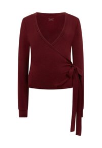 Bourgondische, lange mouwen wikkel top met een V-hals, taille detail met strik, gladde textuur en een aansluitend ontwerp. De stof lijkt zacht en rekbaar.