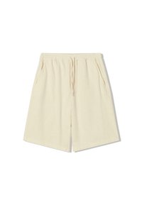 Pantaloni corti beige con vita elastica, cordoncino e tasche laterali; realizzati in tessuto testurizzato con una vestibilità rilassata e dritta.