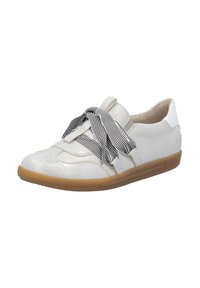 Silver metallic sneaker with a black and white striped bow at the front. Features a white heel and textured rubber sole. Casual design.