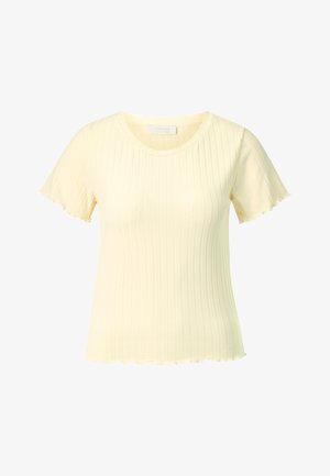 T-shirt corto a maniche corte di colore giallo chiaro con orlo ondulato e scollatura rotonda, realizzato in un tessuto morbido e elasticizzato.