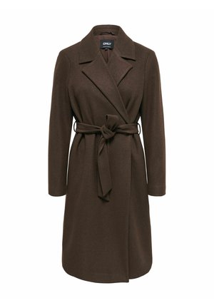 Manteau en laine brun foncé longueur genou avec larges revers et ceinture nouée à la taille, manches longues et coupe droite.