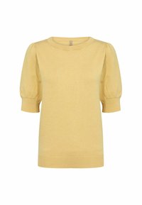 Pull court en tricot jaune à manches courtes, avec un col rond et des manches bouffantes. Texture lisse, tissu doux et design simple.