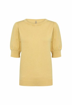 Pull court en tricot jaune à manches courtes, avec un col rond et des manches bouffantes. Texture lisse, tissu doux et design simple.