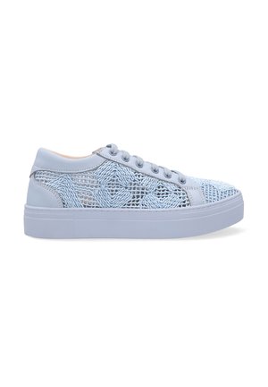 Light blue sneakers with a leather upper featuring a textured mesh pattern, flat laces, and a sturdy rubber sole.