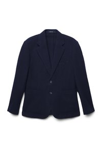 Marineblaues Herrenblazer mit zwei Fronttaschen, zwei Knöpfen, Reverskragen und einer Brusttasche, flach auf einem weißen Hintergrund ausgelegt.