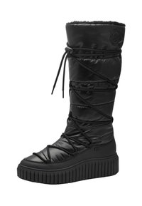 Bota negra hasta la rodilla con tejido acolchado, diseño con cordones, suela de goma texturizada y un interior suave. Acabado liso con un aspecto mate.
