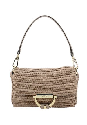 Beiger gewebter Handtasche mit einem schwarzen Ledergriff und einem goldfarbenen Verschluss mit halbkreisförmigem Design.