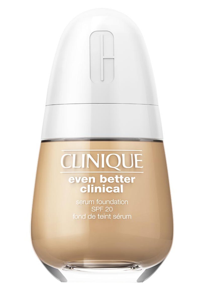 Clinique Even Better Clinical serum foundation i en klar flaske med rund form. Hvit kork, beige væske, SPF 20-merke på etiketten.