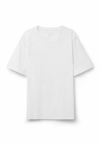 T-shirt bianco in cotone con maniche corte, scollatura rotonda e taglio dritto. Texture liscia e nessun motivo o accento visibile.