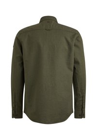 Camisa de manga larga verde oliva con cuello clásico, puños con botón y dobladillo curvo. Fabricada en un tejido texturizado con un acabado suave.