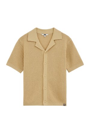 Beež lühikeste varrukatega nööpidega kootud särk avatud kootud mustriga, terava krae ja kindla äärega varrukatel ning nööbikäeplaanil.