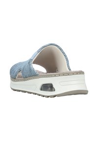 Blue mesh slip-on sandal with a textured upper, white midsole, grey outsole, and a visible air cushioning detail on the side.