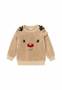 Beige plyssweatshirt med rensdyrmotiv, der har rød næse, sorte horn og broderede øjne. Ribbet halsudskæring og manchetter.