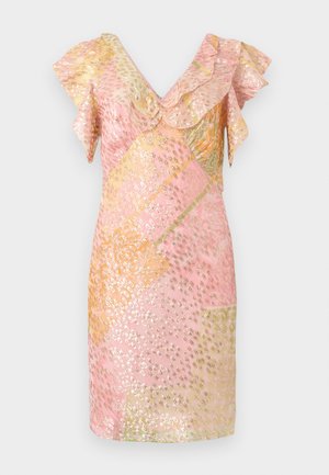 Sequin-embellished pink dress with ruffled sleeves, featuring a geometric pattern of gold and pastel colors, short length, and soft texture.