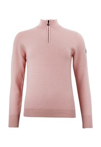 Ljusrosa tröja med hög krage, halvdragkedja, långa ärmar, ribbade muddar och nederkant, samt en logopatch på vänster ärm.