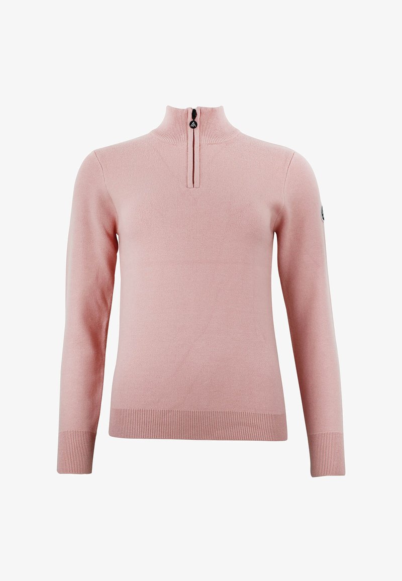Lichtroze trui met een hoge hals, halve rits, lange mouwen, geribde manchetten en zoom, en een logo-opdruk op de linkermouw.