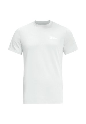 T-shirt en coton blanc à manches courtes, col rond et avec un petit logo gris clair sur la partie supérieure gauche de la poitrine. Design simple.